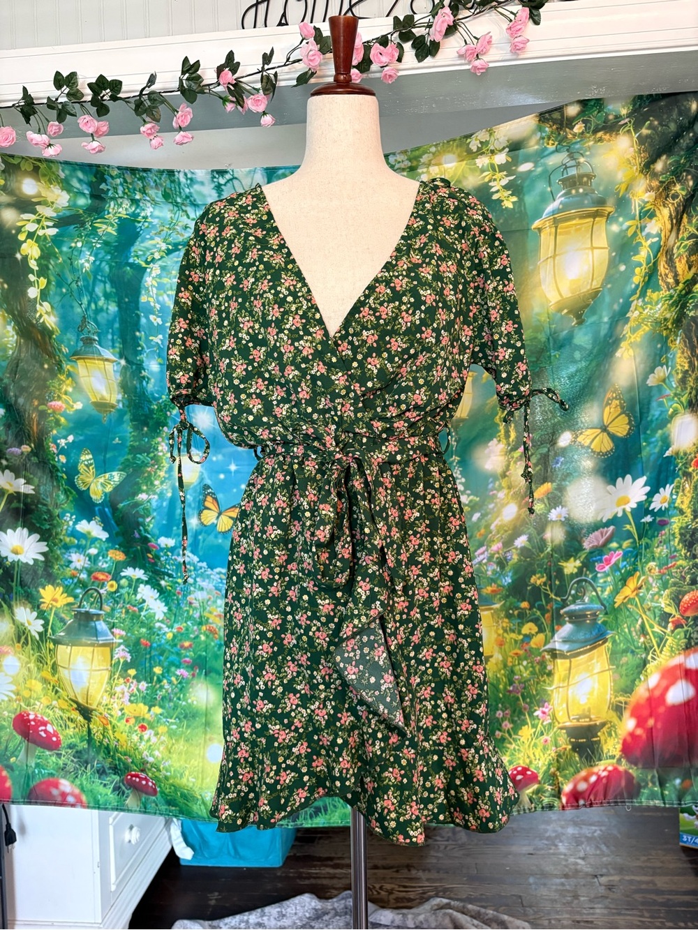 Purple Snow Green Floral Wrap Mini Dress with Pink Blossoms